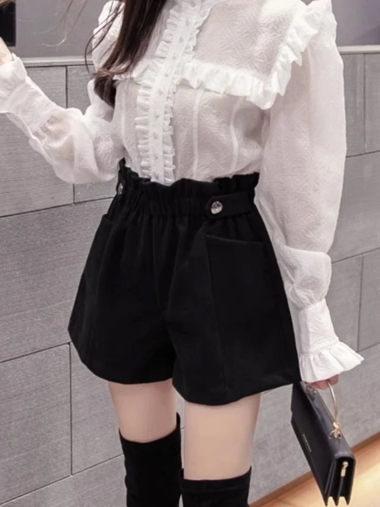 Black Woolen Shorts Women Chic Folds High Waist Design Loose Autumn Winter College Vintage Streetwear Lovely Female Classy Basic