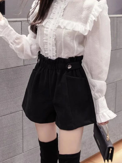 Black Woolen Shorts Women Chic Folds High Waist Design Loose Autumn Winter College Vintage Streetwear Lovely Female Classy Basic