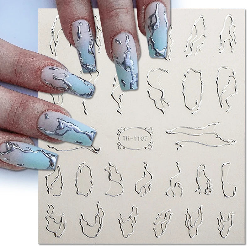 Golden Wave Line 3D Nail Sticker Marble Blue Geometry Abstract Nail Art Sliders Silver French Liner Decals Manicure Decorations