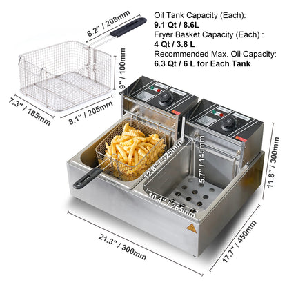 SucceBuy 12L Electric Deep Fryer w/Dual Removable Tanks Commercial Countertop  Fryer for Chicken French Fries Frying Chips