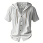 Summer Men's Hooded Cotton Linen Shirt Solid Color Breathable Lightweight Short Sleeve Drawstring Design Tees Male Casual Tops