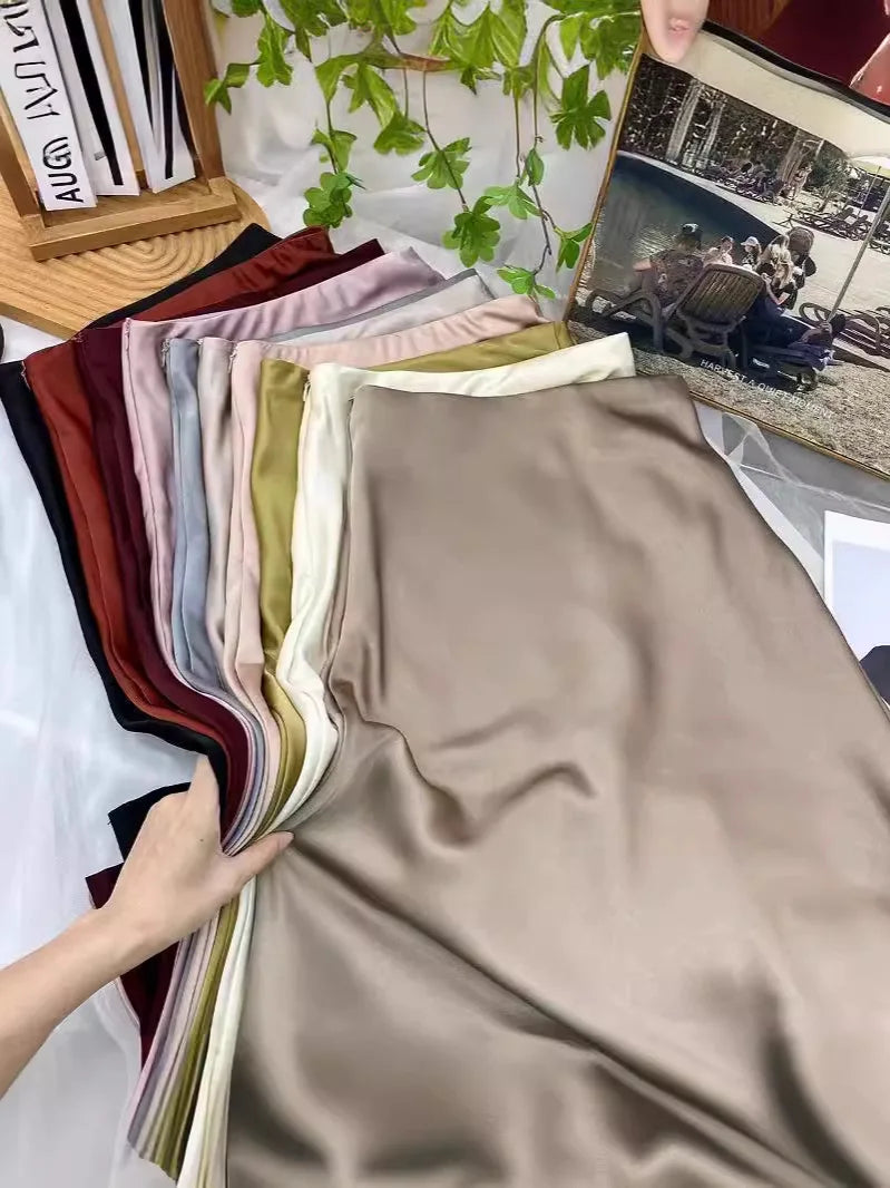 Botvotee Elegant Satin Long Skirt for Women Spring Summer 2025 Office Ladies Korean Style Loose Elastic Band Midi Skirts