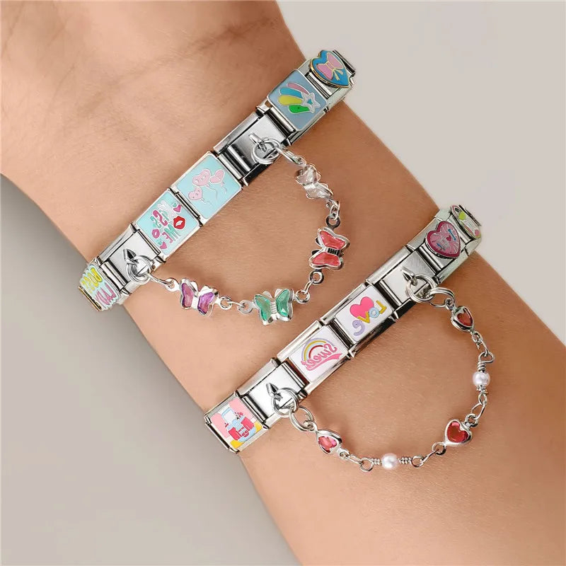 Tassel Chain Butterfly Flowers Star Moon Heart Zircon Italian Charm Links Fit 9mm Bracelet Stainless Steel DIY Jewelry Making