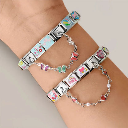 Tassel Chain Butterfly Flowers Star Moon Heart Zircon Italian Charm Links Fit 9mm Bracelet Stainless Steel DIY Jewelry Making
