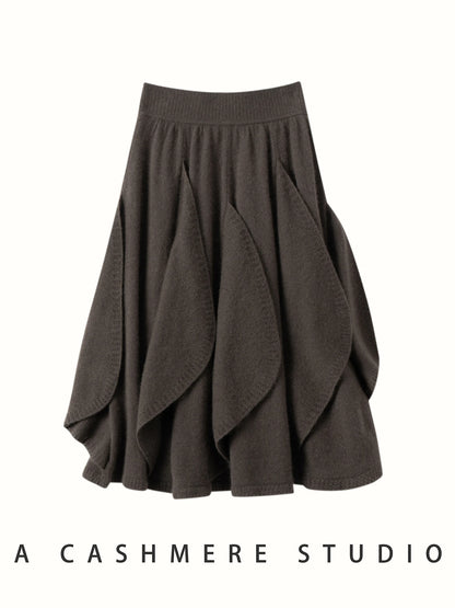 French 100% Pure Cashmere Skirt Ruffle Irregular A-line Soild Midi Sirt Autumn Winter Women Elegant Pleated  Knit Dress Fashion