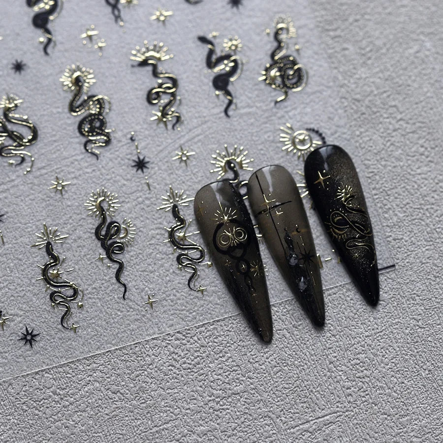 5D Gold Stamped Silver Sun Stars Snake Nail Art Stickers Totems Reliefs Self Adhesive Dark Chinese Style Manicure Decals