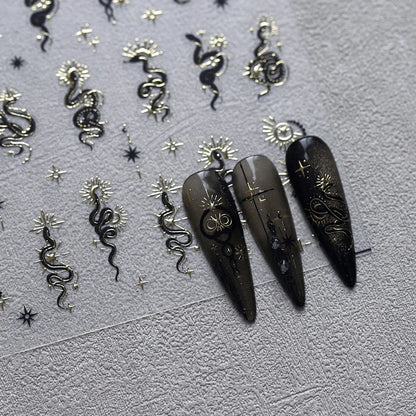 5D Gold Stamped Silver Sun Stars Snake Nail Art Stickers Totems Reliefs Self Adhesive Dark Chinese Style Manicure Decals
