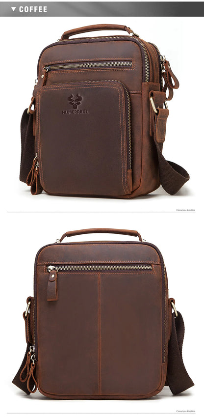 HUMERPAUL Genuine Leather Men's Shoulder Bag Vintage Cross Bags Large Capacity Male Messenger Tote Bag Travel Bolso Hombres