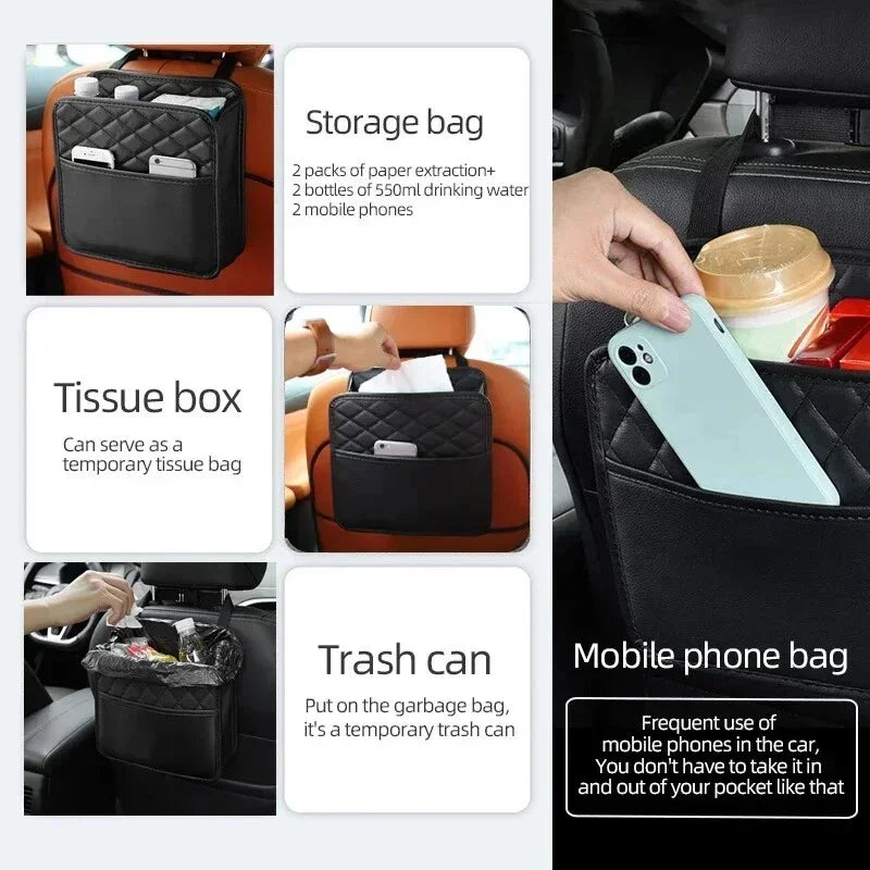 Multifunctional Car Seat Storage Bag Leather Auto Organizer Garbage Bag Universal Fit For Most Car Models