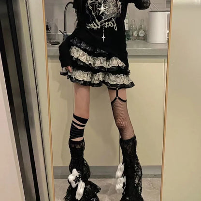 Y2K Punk Gothic Lace Tiered Skirt Women High Waist Ruffle Mini Skirt Harajuku Streetwear Alternative Fashion Short Skirt