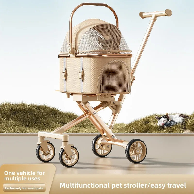 Rose Gold Pet Stroller Fashion Lightweight Foldable Detachable Carrier Bag Dog Cat Travel Cross Border Pet Stroller Dog Trolley
