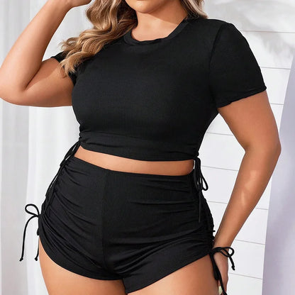 Women's Plus Size Two Piece Conservative Bikini Set Solid Drawstring Swimsuit Blouson Tops And High Waist Shorts Bathing Suits