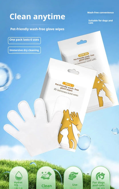 Pet No-Rinse Glove Wipes, 6 Pieces Per Box, 2 Boxes Set, Disposable Deodorizing Grooming Cleaning Gloves for Cats and Dogs