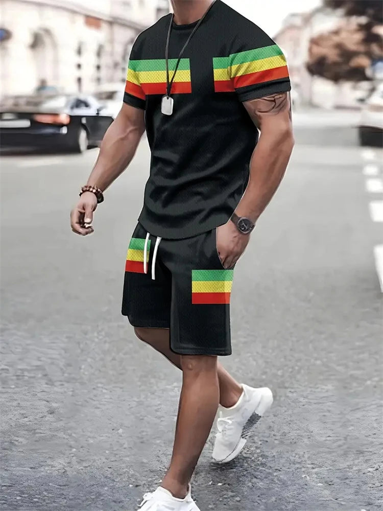 Summer Men's Stripe Print Short Sleeve Tee Elastic waist Shorts 2 Pieces Set Plus Size Loose O-Neck T-shirt Pockets Shorts Set