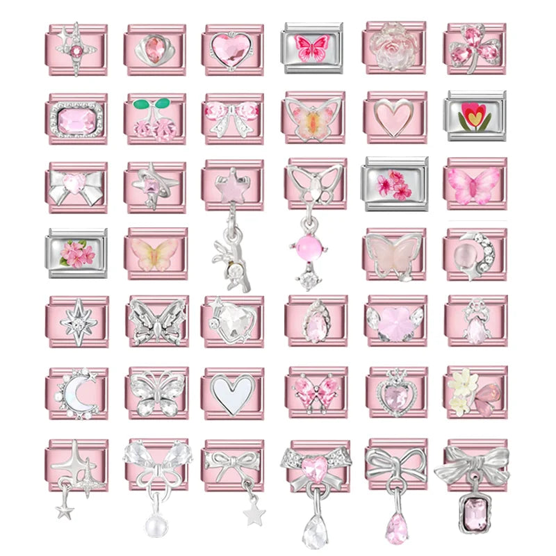 2025 New Women Romantic Pink Cherry Heart Shiny CZ Italian Charm Links Fit 9mm Bracelet Stainless Steel DIY Making Jewelry Gifts