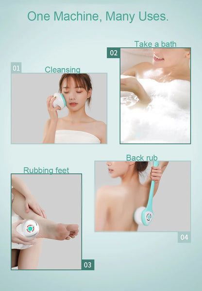 Electric Bath Brush 5-in-1 Long Handle Rechargeable Spin Body Facial Scrubber Back Rubbing Cleaning  Massage Spa Shower Brush