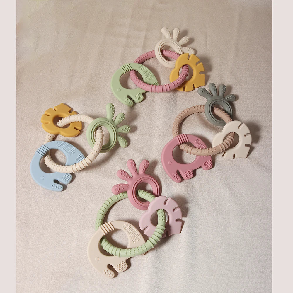 4 In One Baby Silicone Teether Ring BPA Free Rattles Bracelet Food Grade Elephant Cute Octopus Shaped Teething Ring Toys