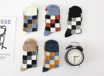 5 Pairs/Lot Combed Cotton Men's Socks Compression Fashion Colorful Square Happy Dress Men Casual Business Grid Gentleman British