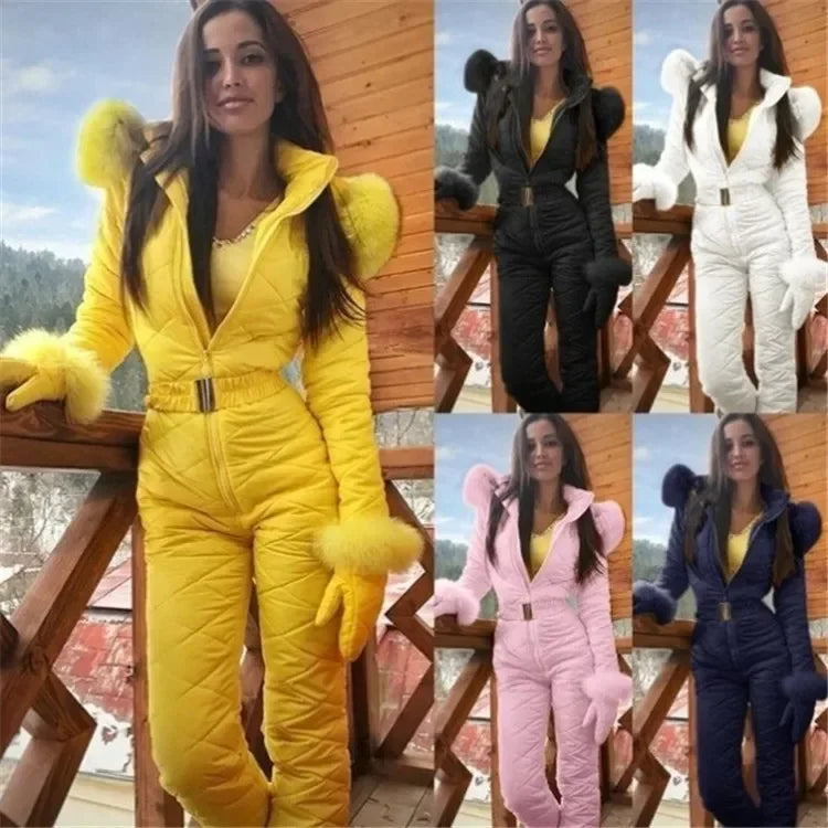Women's Skiing Suites Winter Outdoor Sports Warm Jumpsuit Waterproof With Removable Collar Outdoor Sports Zipper Ski Suit Female