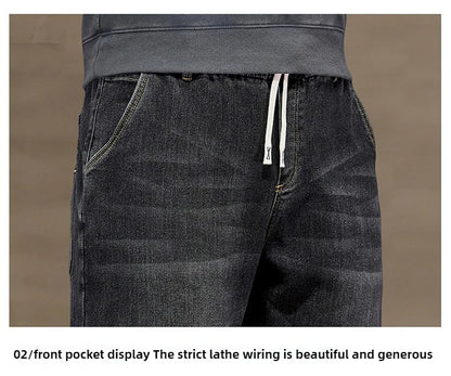 Extra Big Size Jeans Men High Elastic Waist Baggy Denim Pant Male Plus Large Loose Slim Fit Cowboy Trouser 8XL 6XL Classic Black