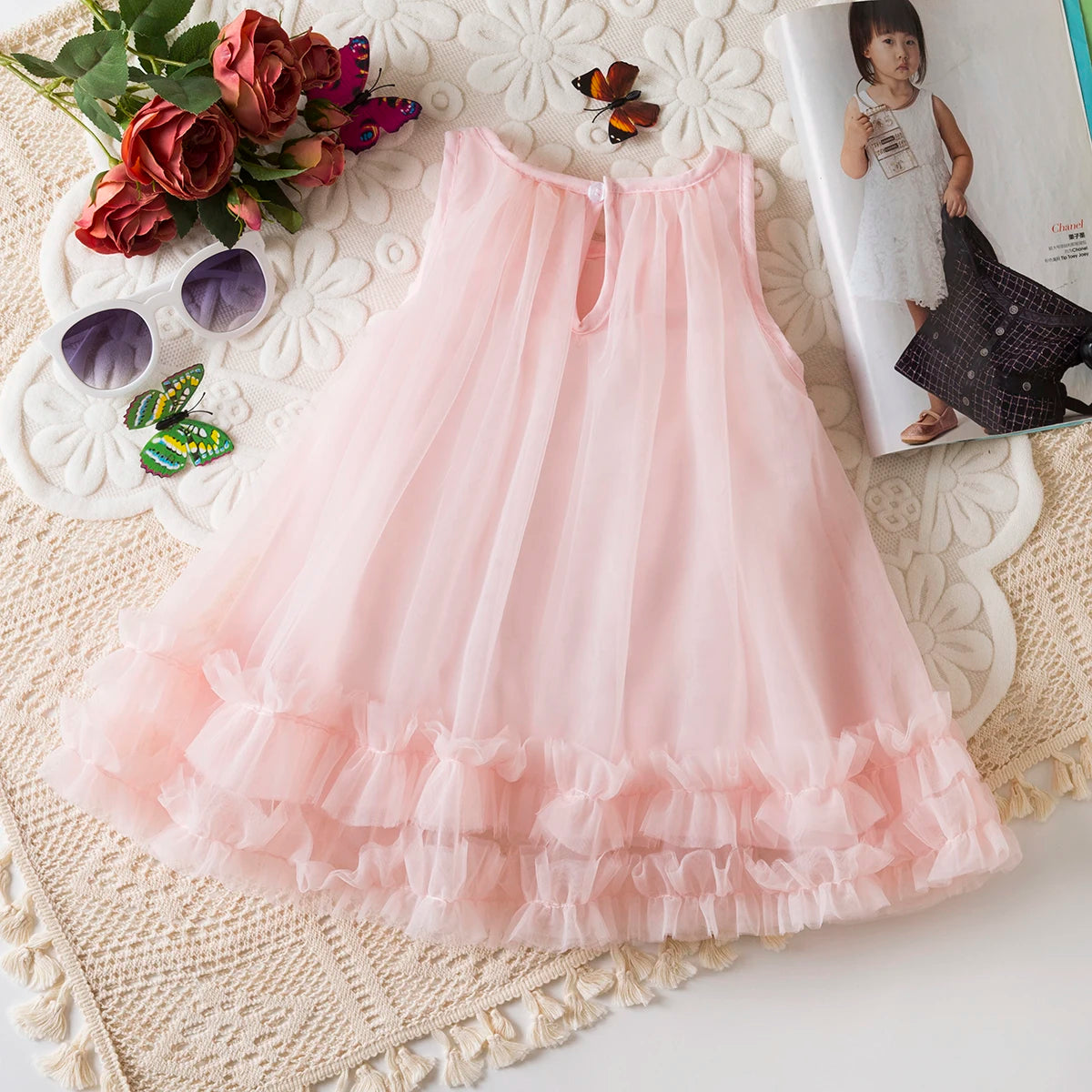 Baby Girl Princess Dress Summer New Solid Color Floral Chiffon Children'S Clothing For Birthday Parties (9 Months -3 Years Old)