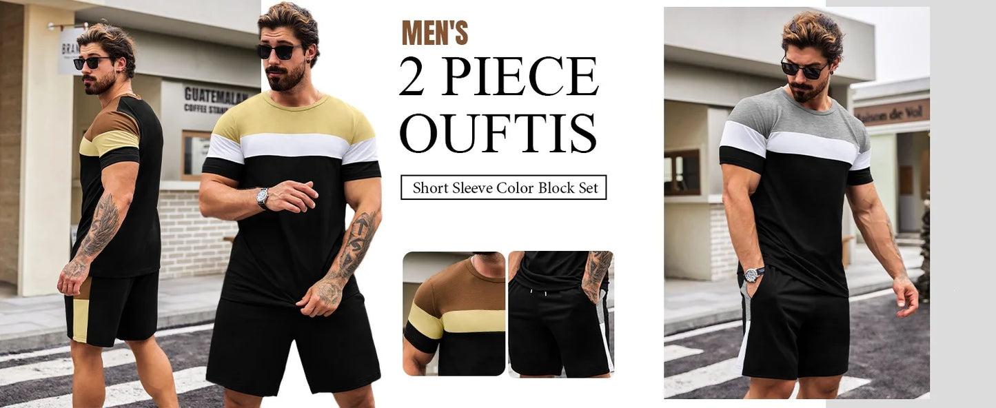 2025 New Men's Summer Round Neck Short Sleeve Suit Outdoor Sports Breathable Comfortable Shorts Suit Letter Print Casual Suit