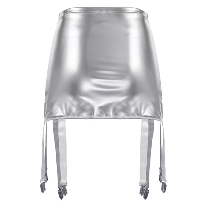 Women's Garter Straps Pencil Skirts Patent Leather Wet Look Garter Belt Short Mini Skirts with Buckle Clips Sexy Clubwear Party