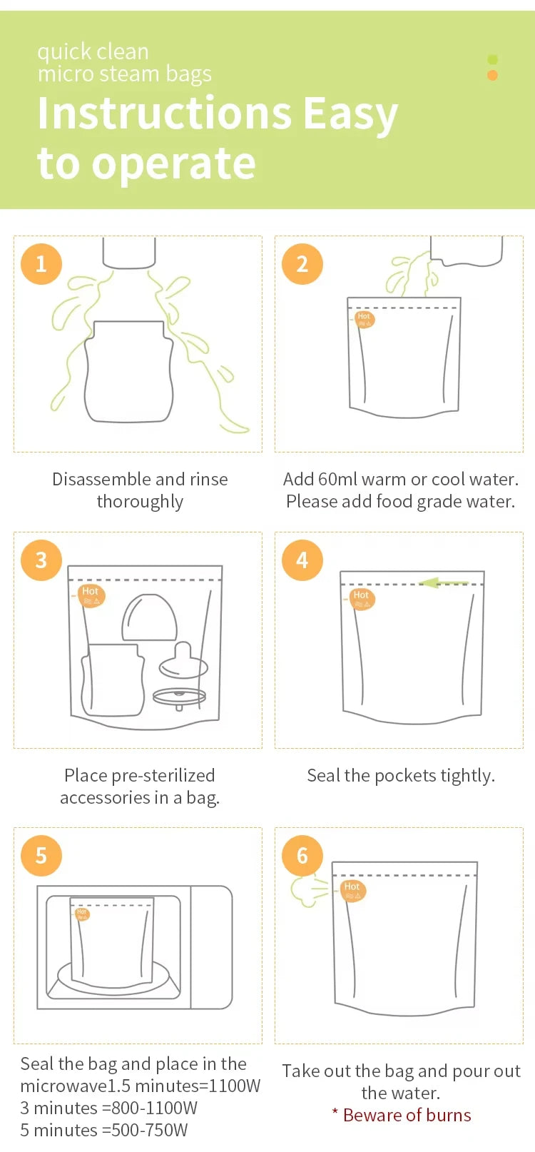 10Pcs Reusable BPA Free Microwave Sterilizer Bags for Baby Bottle Breast pump accessories, Microwave Sterilizer Bag