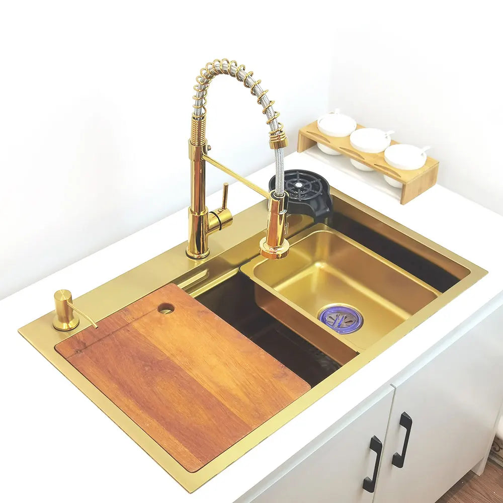 Gold Waterfall Faucet Kitchen Sink Nano Sink 304 Stainless Steel Golden Topmount Single Bowl Wash Basin 4 Function Kitchen Faucet