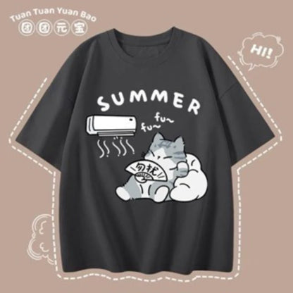 M-8XL Summer Men Oversize T-shirt Korean Casual Loose Style Kitten Blowing Fan Print T-shirt Suitable for Both Men Women