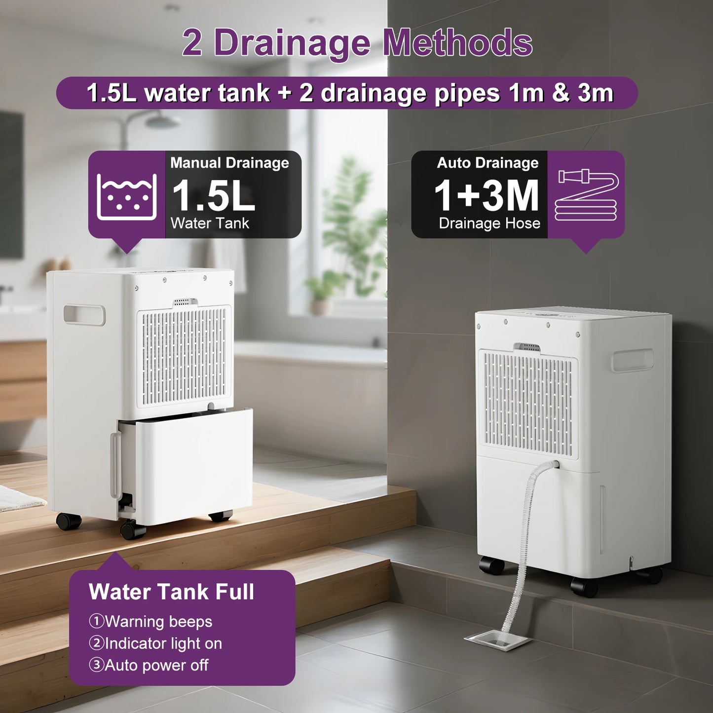 LOEFME 10L/Day Air Dehumidifier Moisture Absorber Home Air Dryer 1.5L Water Tank W/ 3M Hose For Home Basement Bathroom Wardrobe