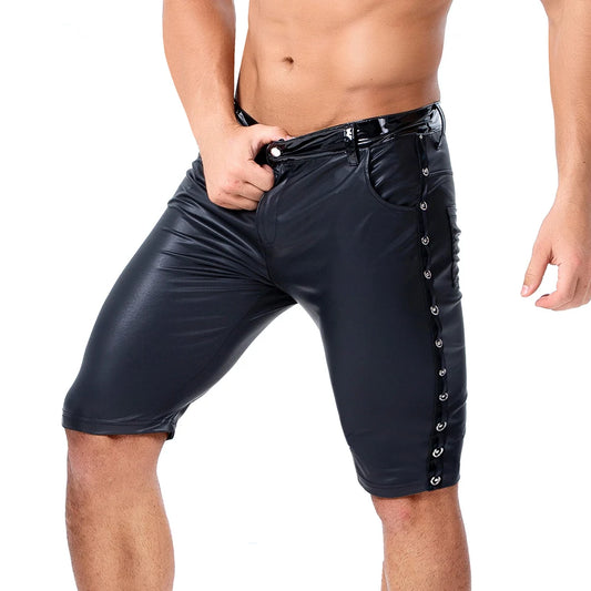 Mens Faux Leather Shorts Pants Patchwork Side Button Pocket Casual Pencil Trousers Party Clubwear Stage Pants Streetwear 2XL
