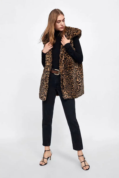Leopard Hooded Faux Fur Vest Women 2022 New Designed Body Warmer Ladies Luxury Winter Furry Artificial Rabbit Coats Outwear 5XL