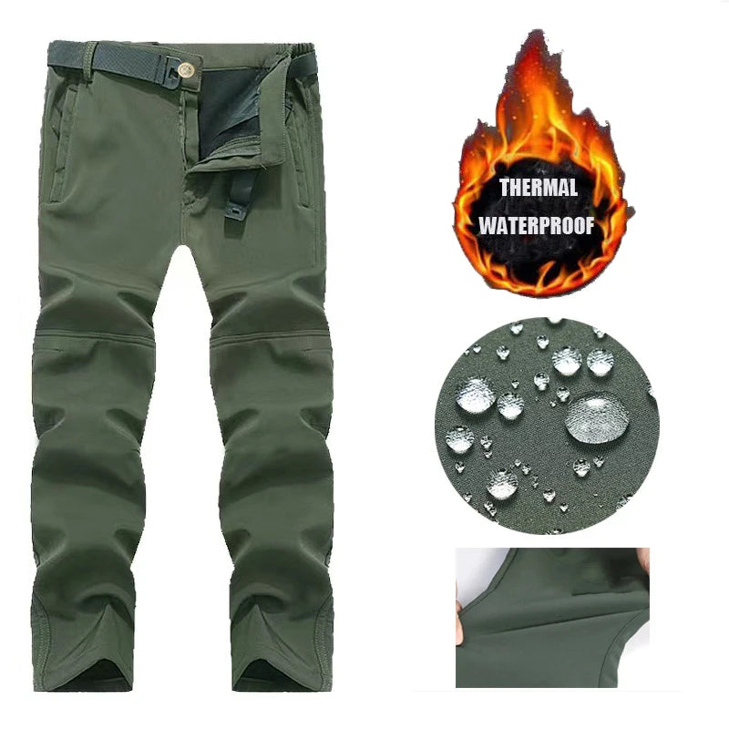 Men Winter Autumn Fleece Waterproof Cargo Pants Hiking Camping Softshell Climbing Casual Warm Tactical Military Combat Trousers