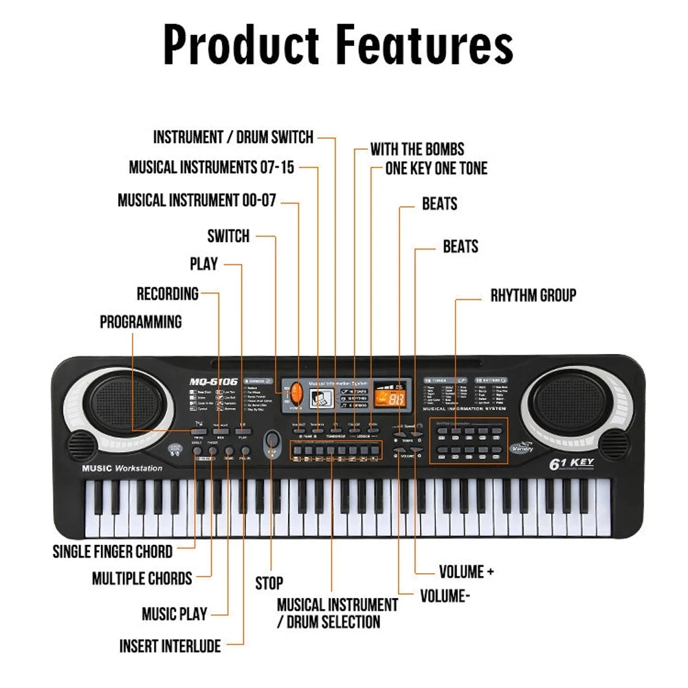 61-key Children's Electronic Piano Keyboard Portable Educational Toy Musical Instrument Organ With Mike Children's Beginner Gift