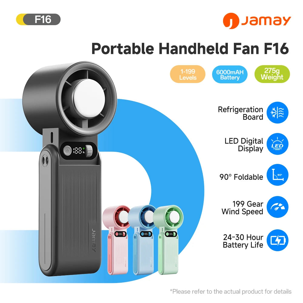 Portable Handheld Fan LED Digital Display With Refrigeration Board 90° Foldable  199Gear Strong Wind Speed 8000mAh F16