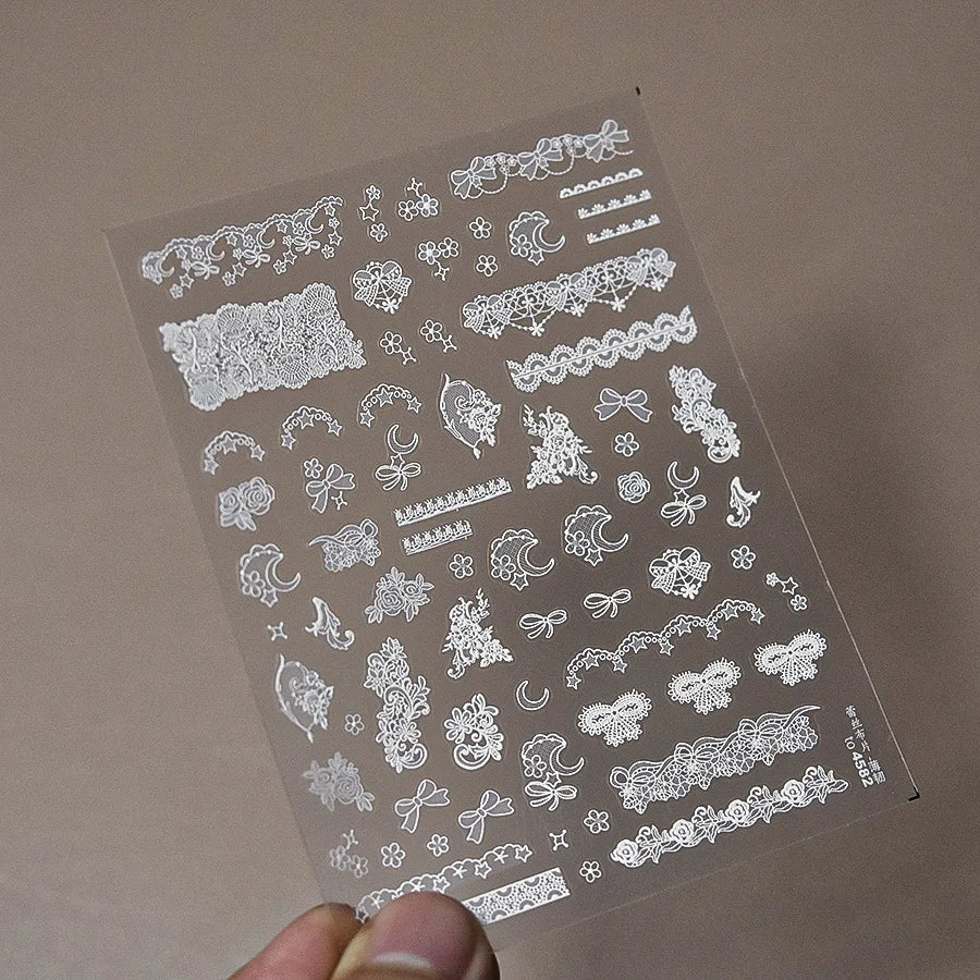 1pcs 5D Diamond Japanese White Lace Bow Nail Art Stickers Pearl Rhinestones Nail Decoration Adhesive Decals Slider DIY Accessory