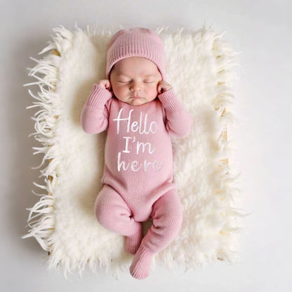 Ylsteed "Hello" Embroidery Knitting Newborn Birth Announcement Outfits Footed Jumpsuit Baby Boy Girl Photography Props Newborn