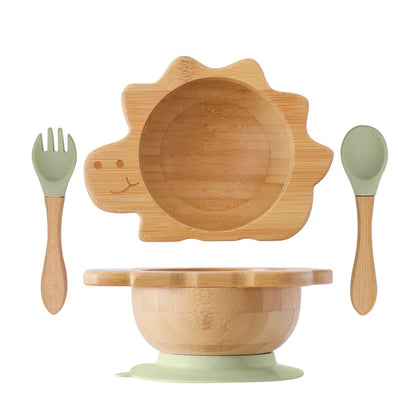 Baby Wooden Tableware Set Wooden Handle Fork Spoon Could Bamboo Wooden Plate Bowl Silicone Suction for Children Feeding Supplies