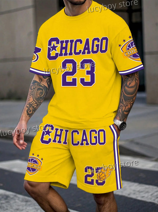 New In Chiago No.23 Print Men's yellow Casual Short Sleeve T-Shirt Shorts Set Adult Basketball Jogging  2 Piece Set men Clothing