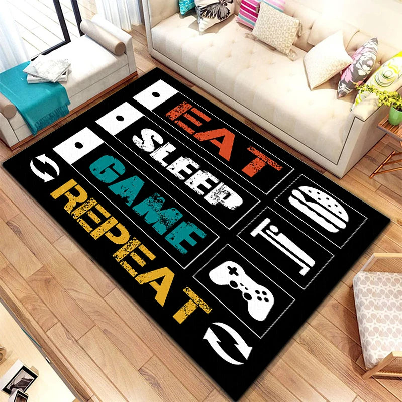 Game Video Gaming Pattern Black Area Rugs Gamer Game Controller Kids Teens Boys Playroom Carpet Bedroom Living Room Floor Mat