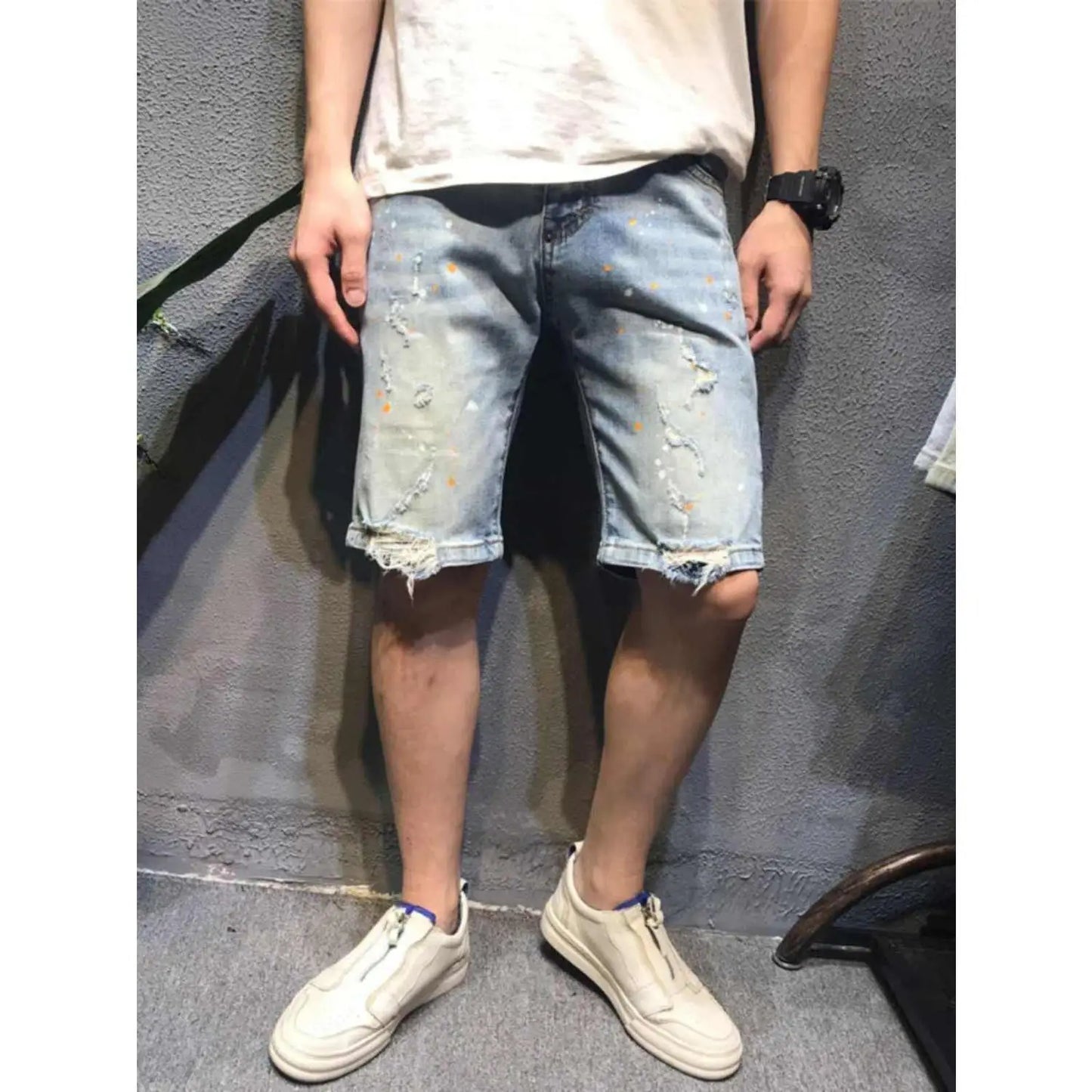 Summer Trendy Brand Handsome Denim Shorts Men's Washed Embroidered Patch Trendy Short Pants Ripped Slim-fit Elastic Middle Pants
