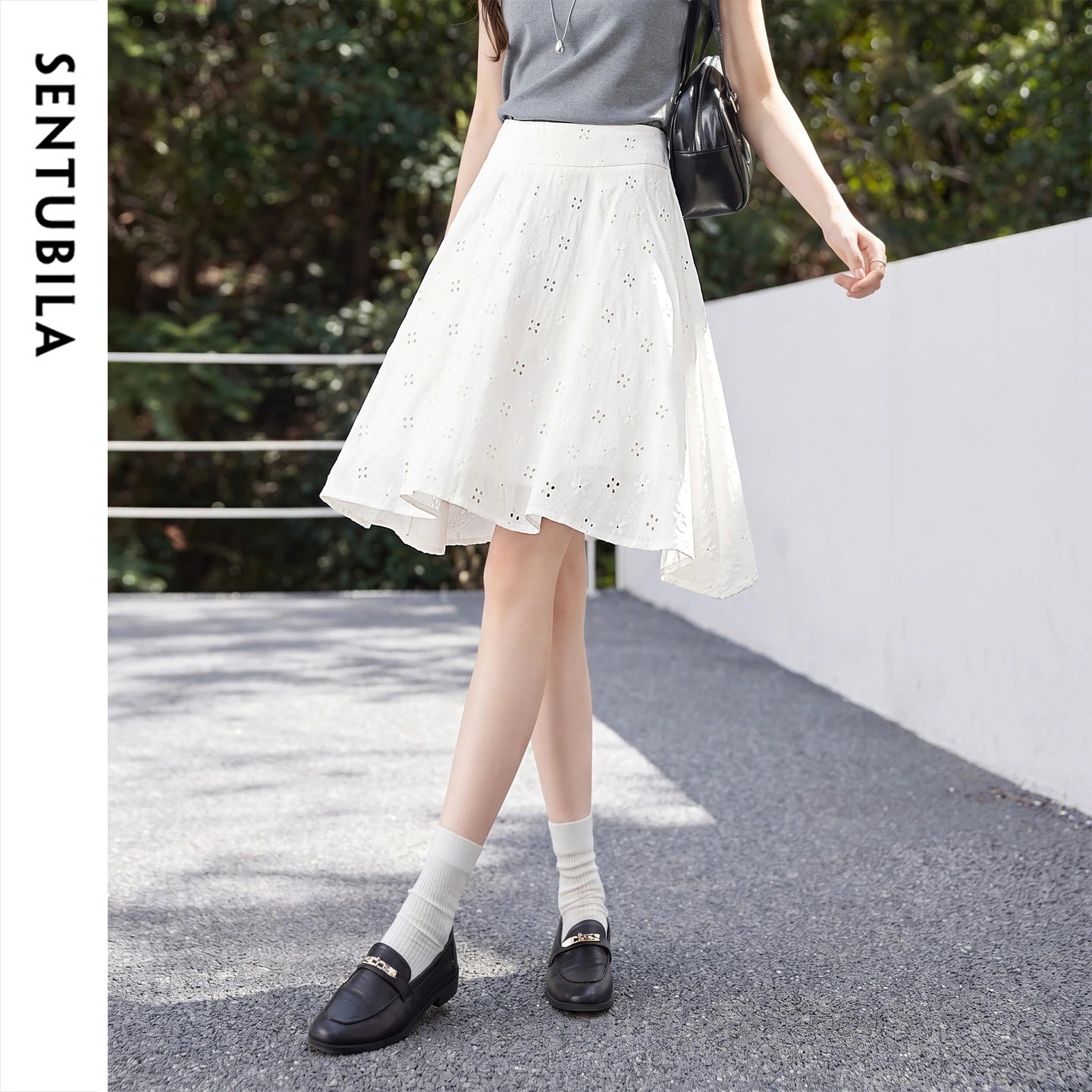 SENTUBILA Women's White Cotton Summer Skirt 2026 Woman Fashion Hollow Embroidery A-Line Short Skirt Female Clothes Q62QG7173