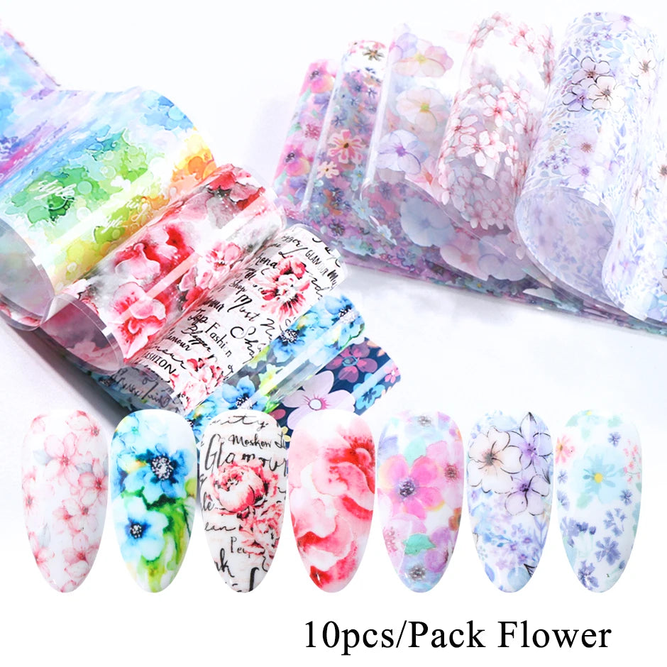 10PCS Mixed Nail Art Foils Transfer Sticker Set Rose Flower Designs Floral Starry Sky Nail Wraps Wedding Summer Manicure Decor