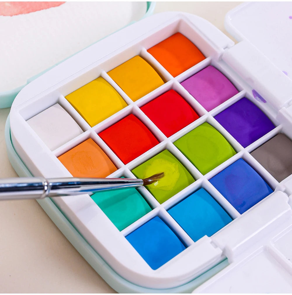 16 Colors Mini Portable Solid Watercolor Paint Set with Brush & Palette Travel Sketching Painting Box for Art Drawing Sketching