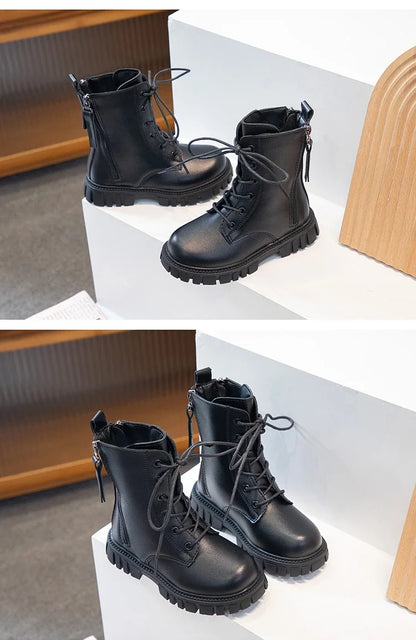 Girls Fashion Boots Black Warm Motorcycle Boots Autumn Winter Kids Ankle Boots Double Zipper Anti-skid Children Rubber Boots New