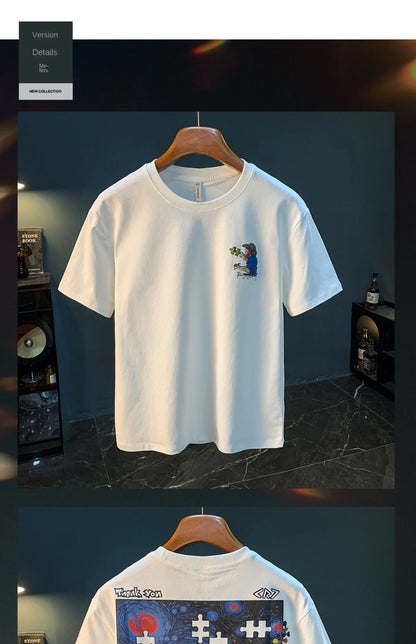 Fashionable men's T-shirt trend abstract artistic print summer loose combed cotton comfortable short sleeved top