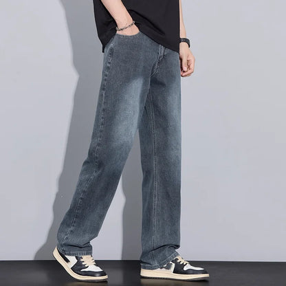 New Arrival American Vintage Wide Leg Elastic Denim Pants for Men Loose Straight Fit Flowy Versatile Casual Pants