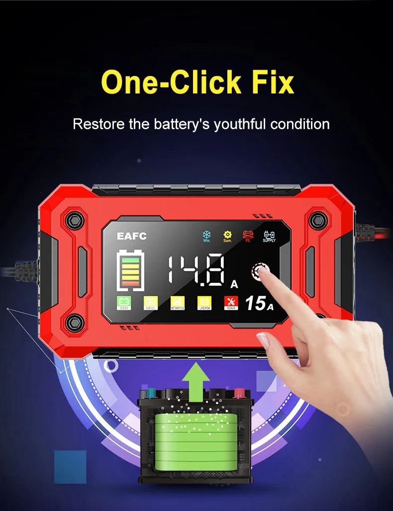Newest 12V Car Battery Charger 15A/8A Pulse Repair Large Display Smart Charger for Car Motorcycle Lead Acid AGM GEL Batteries