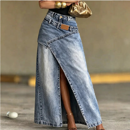 Fashion Distressed Wash Retro Denim Maxi Skirt Women's High Waist Asymmetric Wrap Front Slit Decor Stitching Long Jean Skirt New